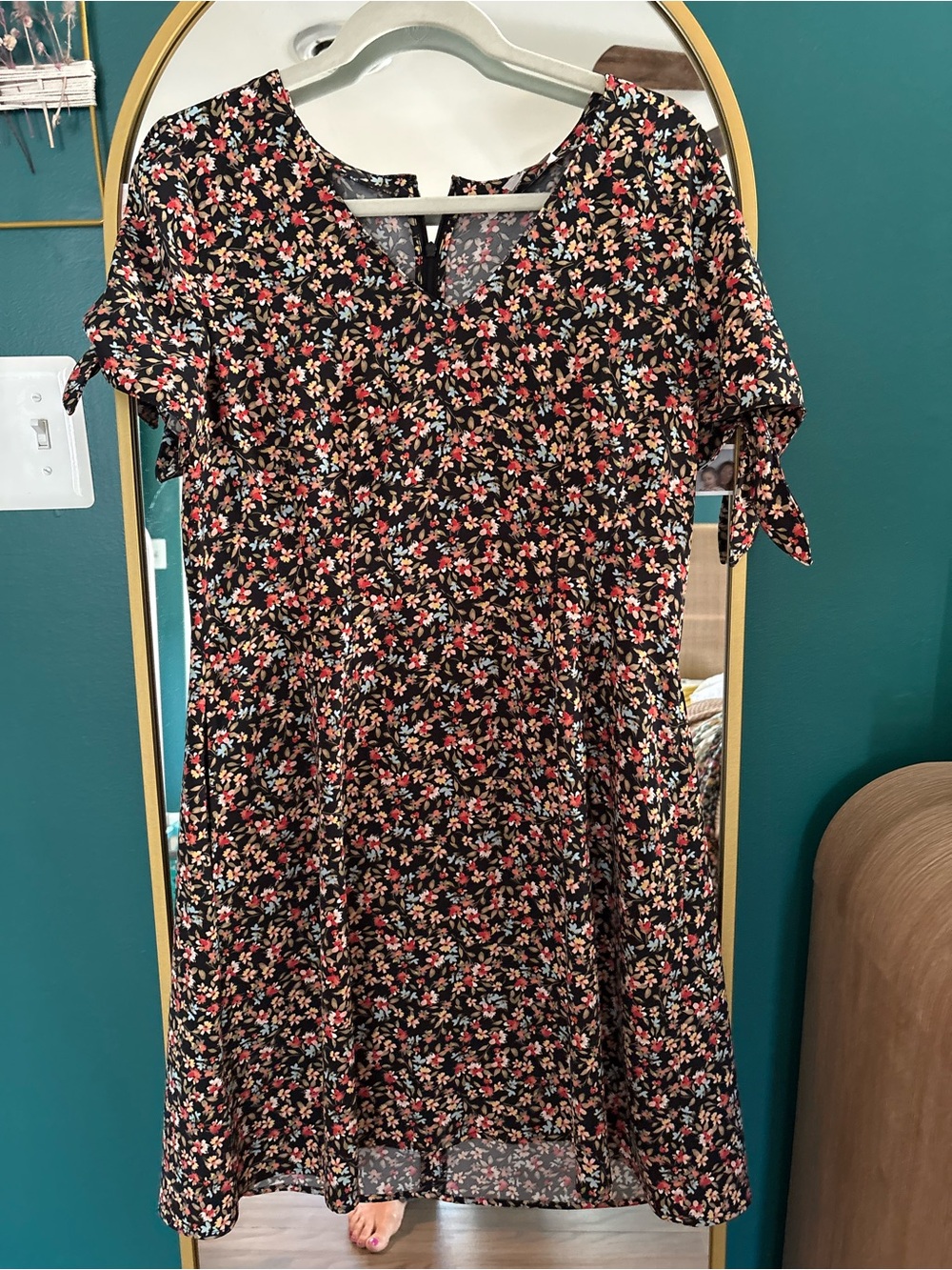 LOFT Black Floral Tie-Sleeve Dress